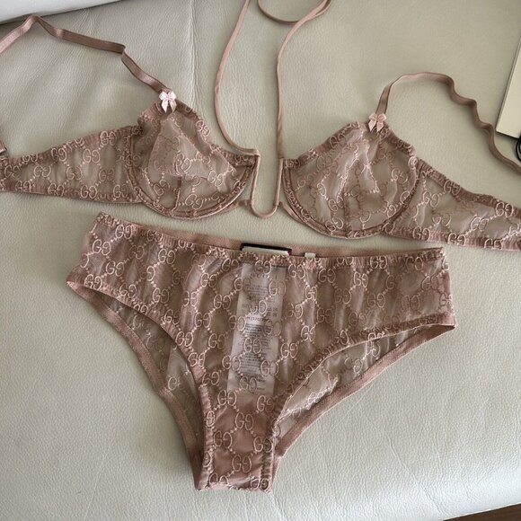 NWT GUCCI LINGERIE SET PINK GG TULLE LACE BOWS NECK AROUND HALTER BRA SET - Picture 6 of 10